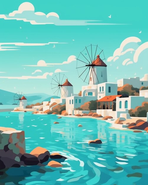 Illustration of a windmill on a rocky shore with a body of water generative ai