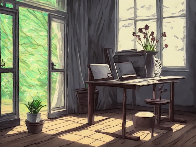 illustration of window with plants