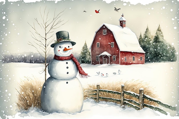 Иллюстрация зимней фермы и снеговика акварелью с праздником