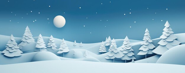 雪に覆われた山々と木々と月を描いた冬の風景のイラスト Generative ai