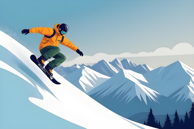 눈 인 산의 배경에서 스노우보드의 겨울 스포츠의 일러스트레이션 AI 플랫폼
