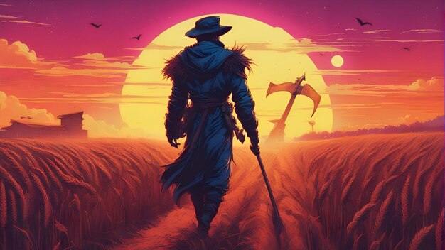 Photo illustration of a witch walking on the field at sunset time