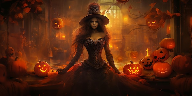 illustration of a witch with Halloween pumpkins in haunted house