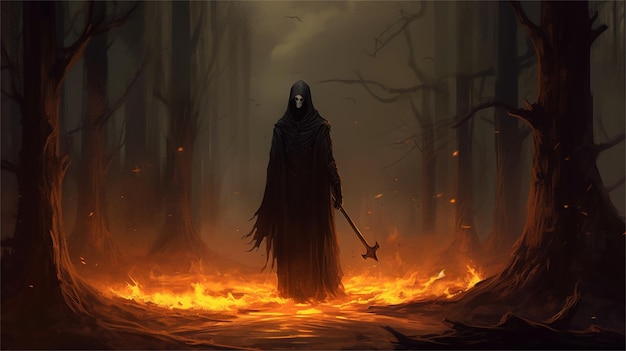 Photo illustration of a witch with a staff and a fire in the background