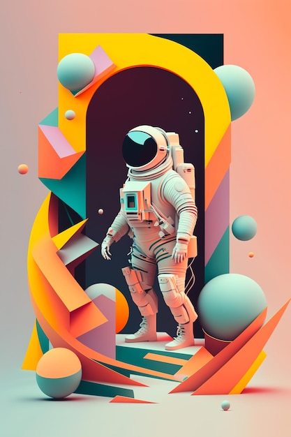 Illustration with an astronaut in a suit on a background of colorful 3D graphics Generative ai