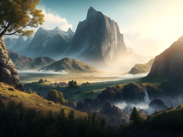 Illustration with backdrop landscape for game or book ai generated