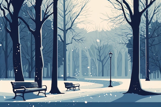 Illustration with the benches and couple in love in the city park in winter