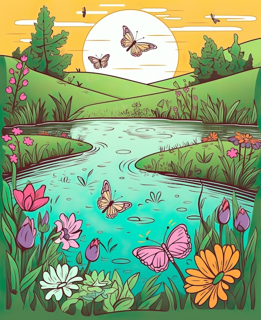 Illustration with butterfly flowers and river