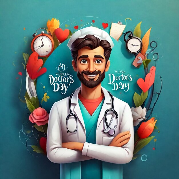 만화 의사를 가진 일러스트레이션 국가 의사 날 축하 배너 의학 소셜 미디어 포스터 배너 터를 위한 평평한 디자인