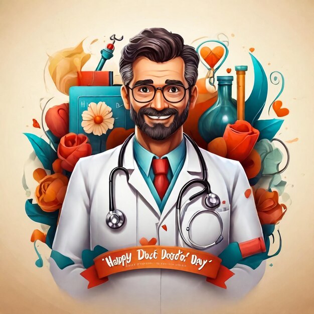 Illustration with a cartoon doctor Banner for national doctors day celebration Medicine Flat design for social media poster banner vector