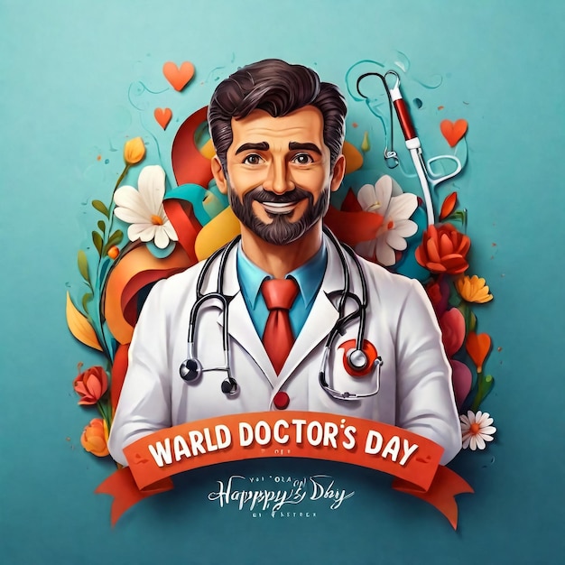 Foto illustrazione con un medico cartone animato banner per la celebrazione della giornata nazionale dei medici medicina disegno piatto per i social media poster banner vettoriale