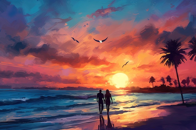 Illustration with couple in love walking on the beach in a beautiful romantic sunset or sunrise