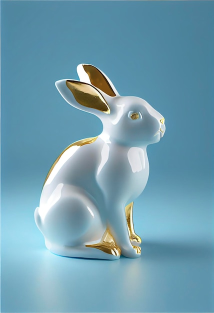 illustration with Easter cute white ceramic rabbit, gold foil decoration