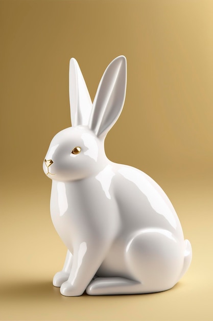 illustration with Easter cute white ceramic rabbit, gold foil decoration