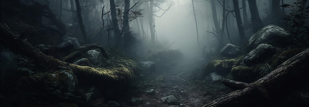 Illustration with a panorama of a cloudy forest in fog