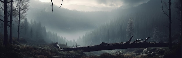 Illustration with a panorama of a cloudy forest in fog