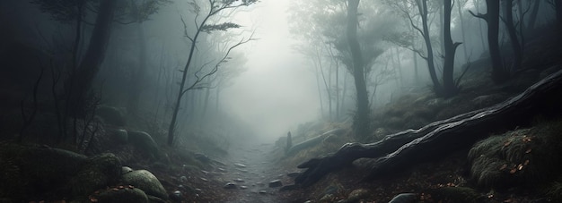 Illustration with a panorama of a cloudy forest in fog