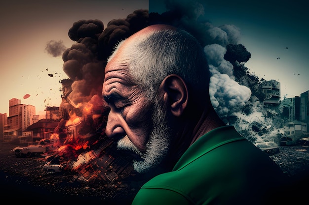 Illustration with person and background with destroyed city with red, green, black and white clouds