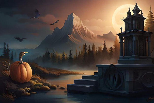 illustration with raven and pumpkins on a halloween theme