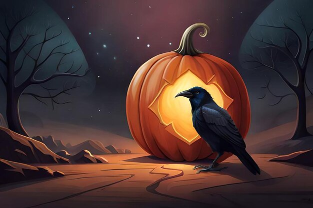 Foto illustrazione con corvo e zucche su un tema di halloween