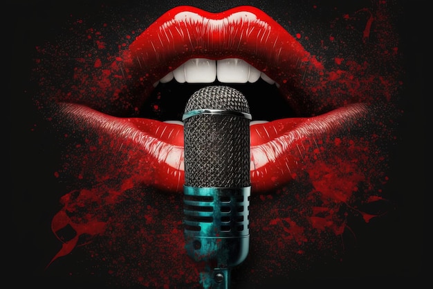 Illustration with red lips mouth and microphone Generative AI