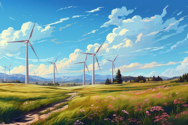 An illustration with rotating windmills for alternative energy