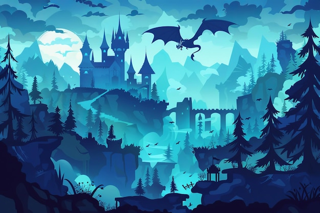 An illustration with spooky castle and flying dragon in canyon mountains and forest Cartoon fantasy illustration featuring medieval castles with towers creepy beasts with wings rocks and pine