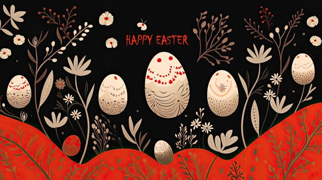 illustration with spring flowers and bright egg ornaments Simple and beautiful Easter holiday card