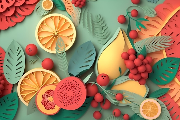 Illustration with summer fruits and berries in paper cut style Generative AI