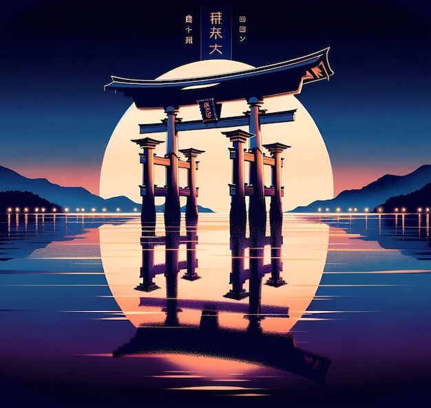 Illustration with th torii gate in japan at dusk for showa day