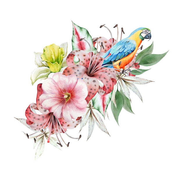 열대 앵무새와 꽃이 있는 그림 팜 릴리 수채화 그림 손으로 그린