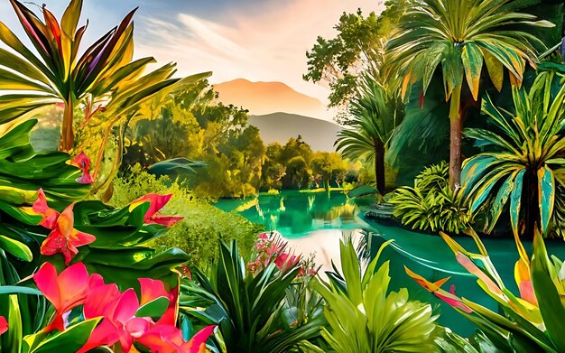 Photo illustration with tropical plants and flowers