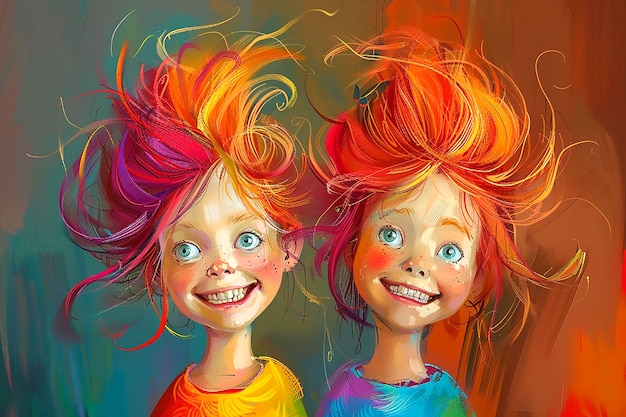 Illustration with two twins little girls