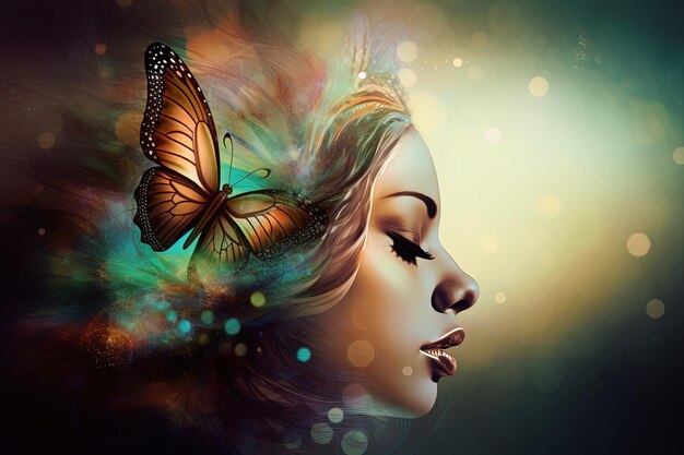 Illustration with young girl dreaming colorful butterfly and blurred background in a fantasy world