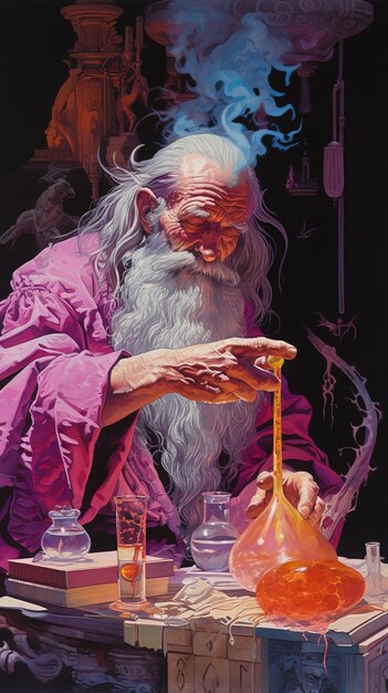 Photo an illustration of a wizard with a bottle of perfume in his hands