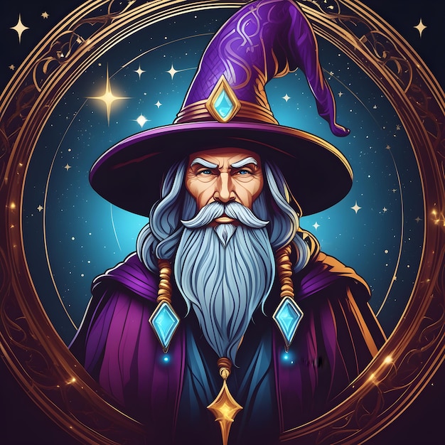 Illustration of a wizard with a magic wand and crystal ball