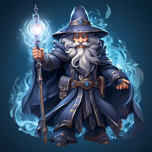 Illustration of a wizard with a magic wand on a dark background