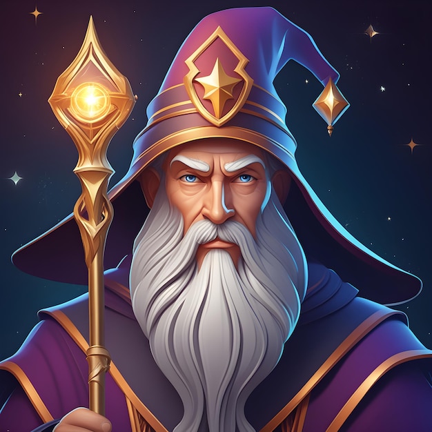 Illustration of a wizard with a magic wand on a dark background