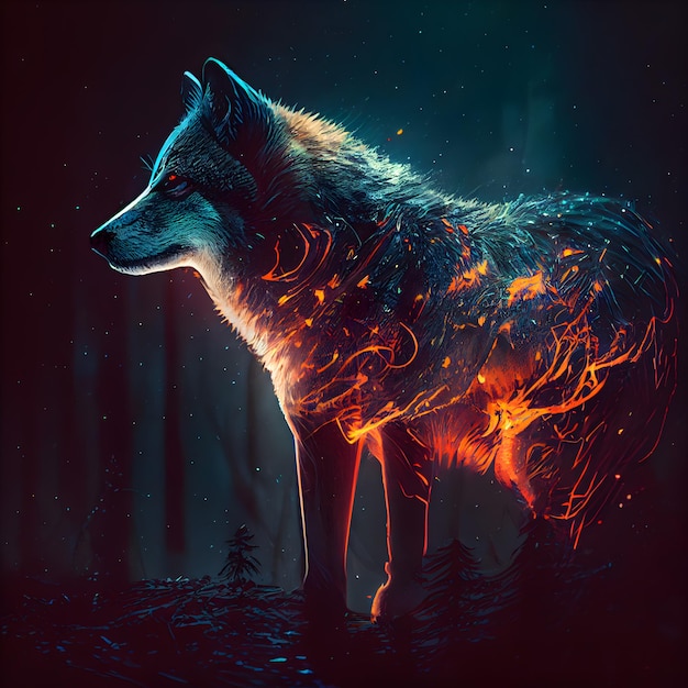 Illustration of wolf in the dark forest with fire effect Elements of this image furnished by NASA