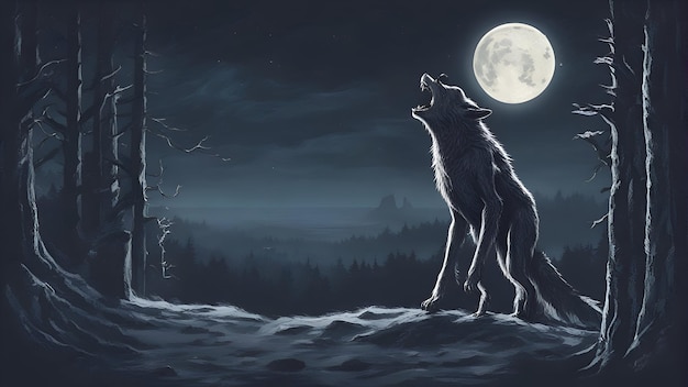 Photo illustration of a wolf in the forest at night with full moon