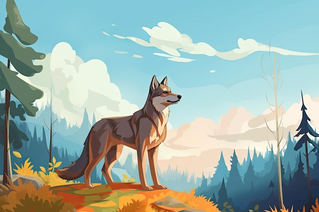 Illustration of a wolf in a forest