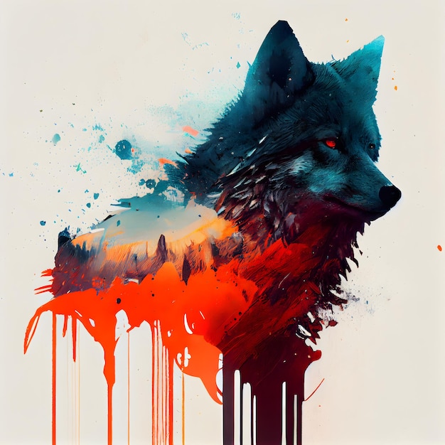 Illustration of a wolf on a grunge background with splashes