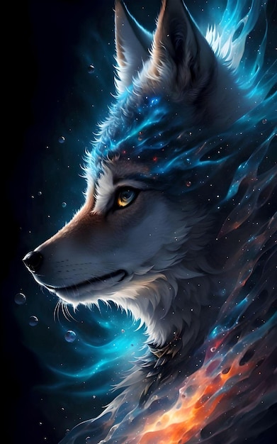 Illustration of a wolf head in space with stars