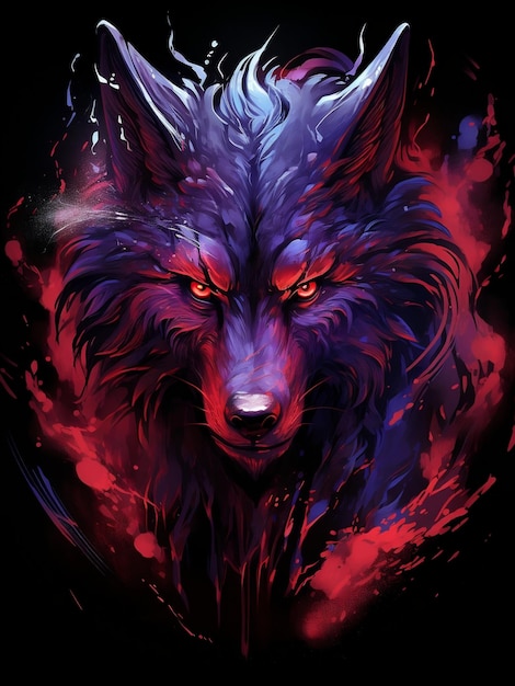 티셔츠 또는 포스터용 페인트 선이 있는 늑대 머리 그림