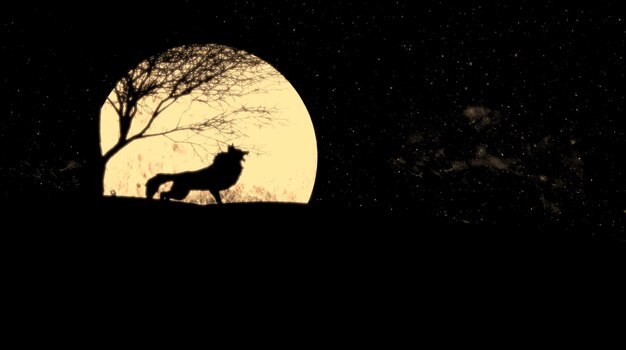 Photo illustration of wolf howling during full moon night