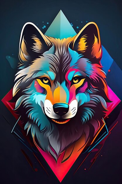 Illustration of a wolf's head with a multicolored background