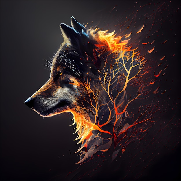 Illustration of a wolf with a fire effect on a black background