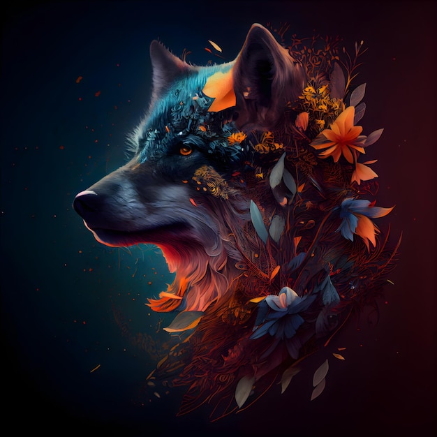 Illustration of a wolf with flowers and leaves on a dark background