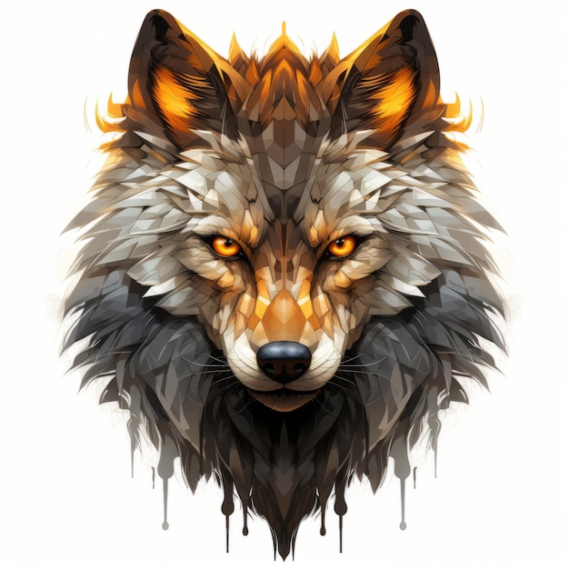 흰색 배경에 주황색 눈을 가진 늑대의 그림