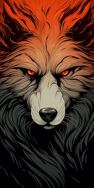 Illustration of a wolf with red eyes and a black mane generative ai